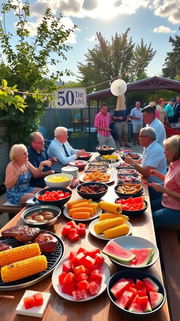 Outdoor barbecue for a 50th anniversary with grilled meats, corn, and watermelon.